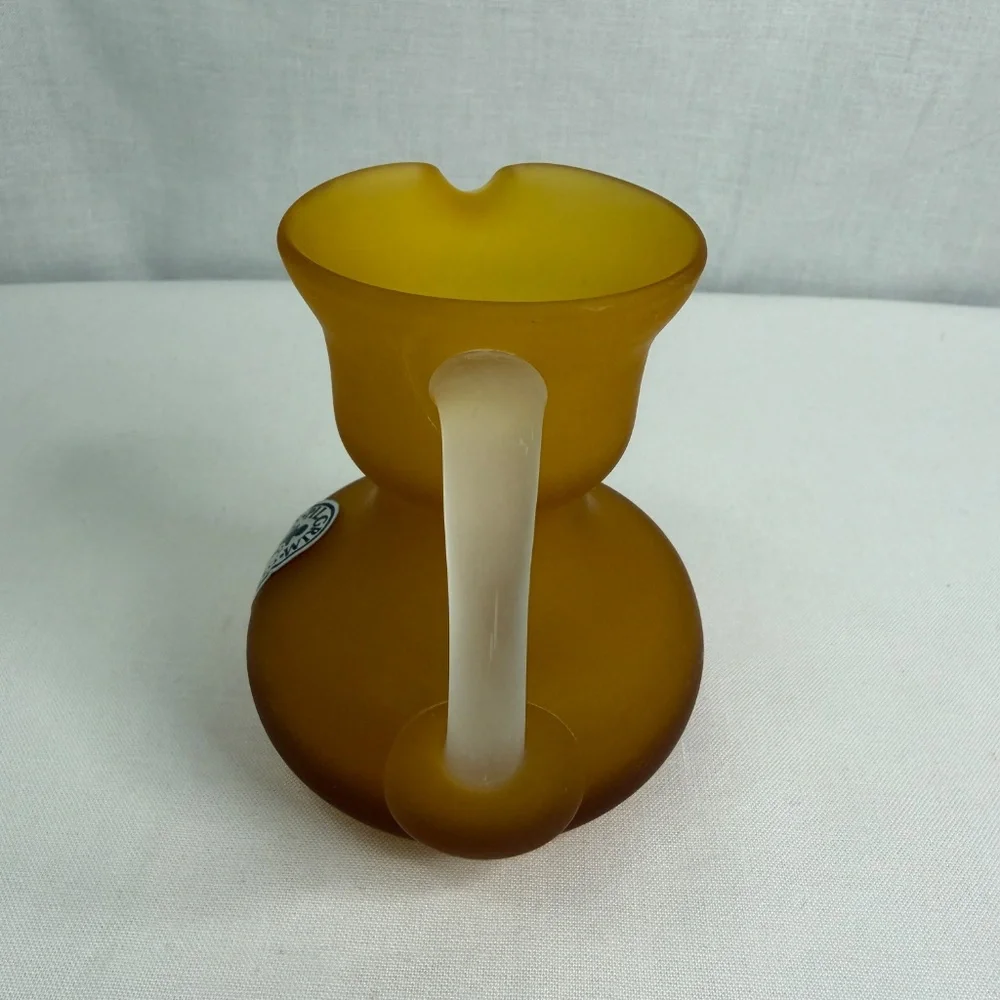 Vintage Hand Blown Pilgrim Satin Frosted Art Glass Amber Handle Mini Pitcher